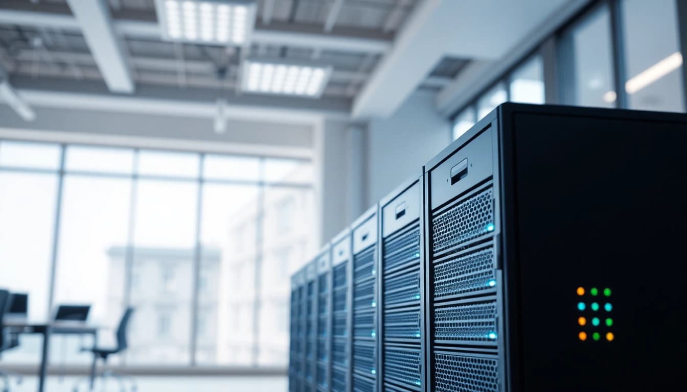 Präsentation der Windows Server 2025 Standard Core Lizenz in einem modernen Büro mit einem Server Rack.