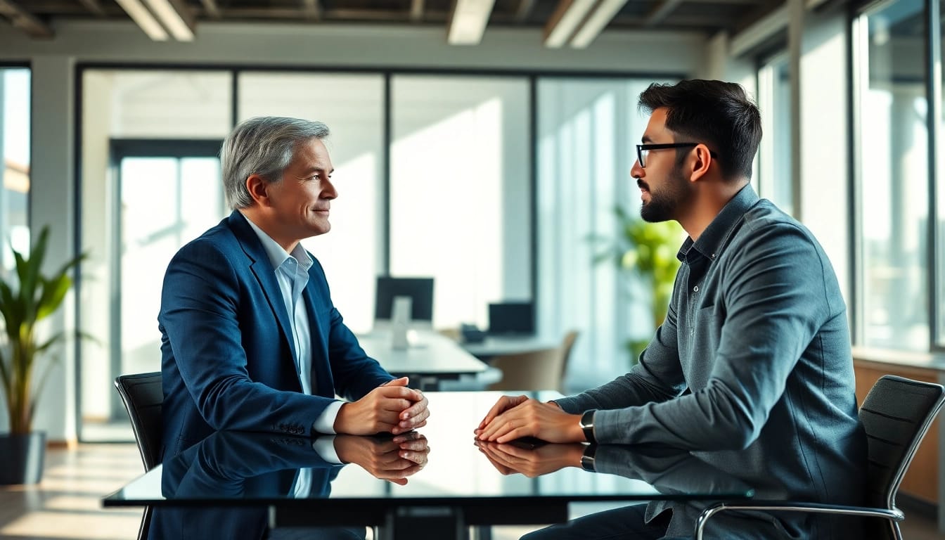 Headhunter Ingenieure in einem modernen Büro, das mit einem Ingenieur ins Gespräch vertieft ist.