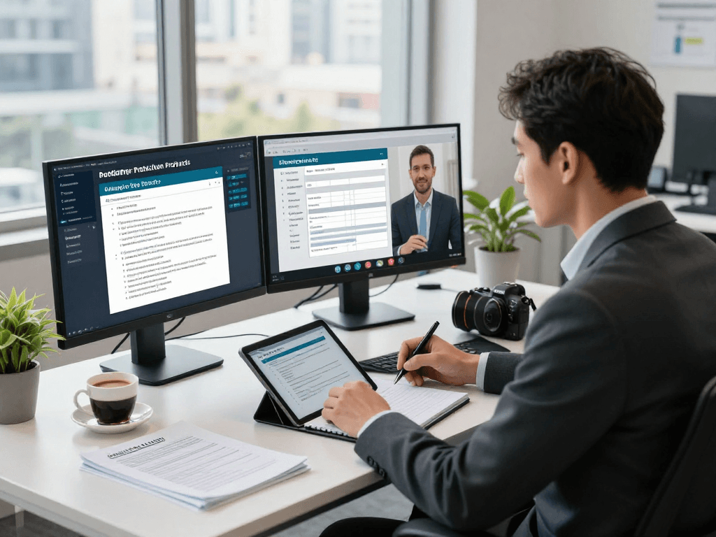 Startseite für Datenschutzlösungen: Professioneller Berater im Büro mit Monitoren und Notizen.