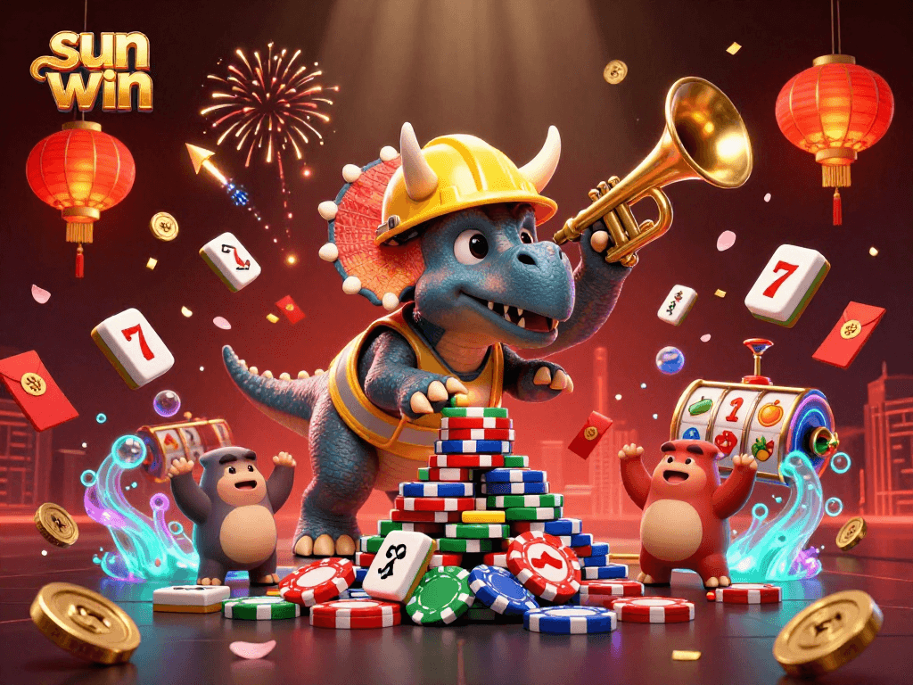 Experience the thrill of sun win as characters celebrate a vibrant casino scene filled with poker chips and excitement.