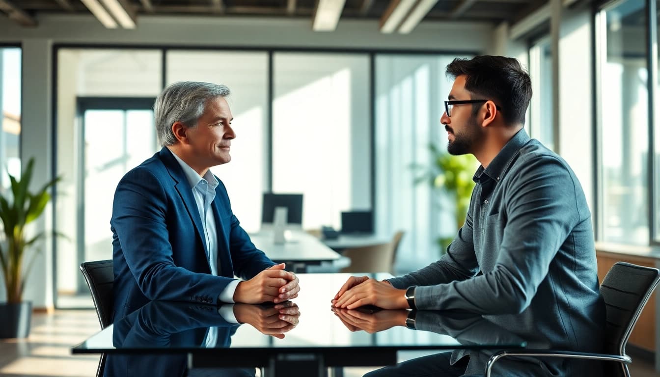 Headhunter Ingenieure in einem modernen Büro, das mit einem Ingenieur ins Gespräch vertieft ist.
