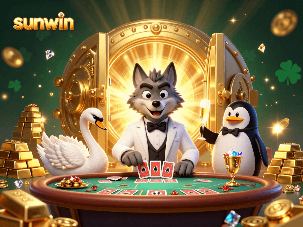 Experience the excitement at sunwin with vibrant characters in a lavish 3D casino setting.