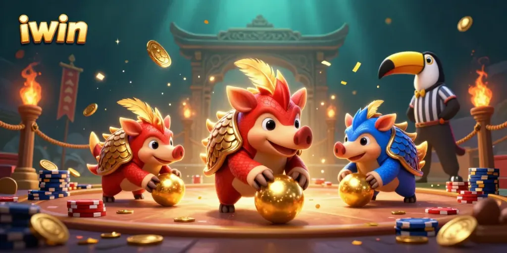 Experience the thrill of iwin as rival pangolins roll through golden balls in this dynamic casino scene.