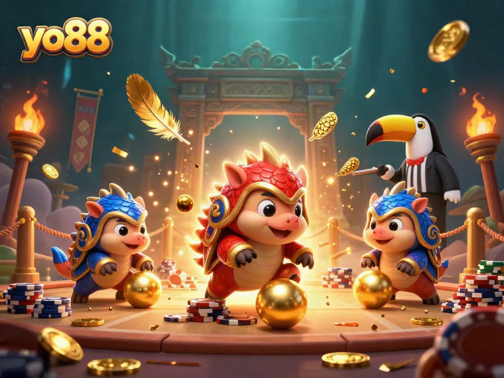 yo88 pangolins bowling golden balls through poker chips in a vibrant casino scene