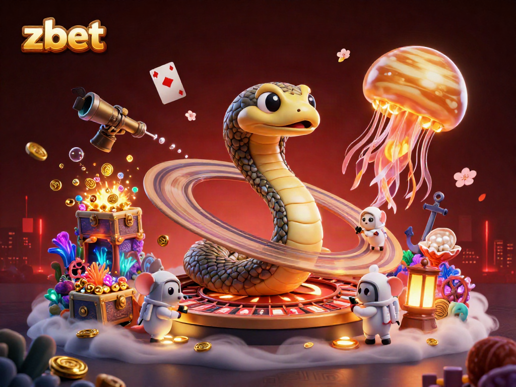 Engaging scene of zbet with a Saturn ring snake, mice betting, and a jellyfish dealer in a vibrant casino setting.