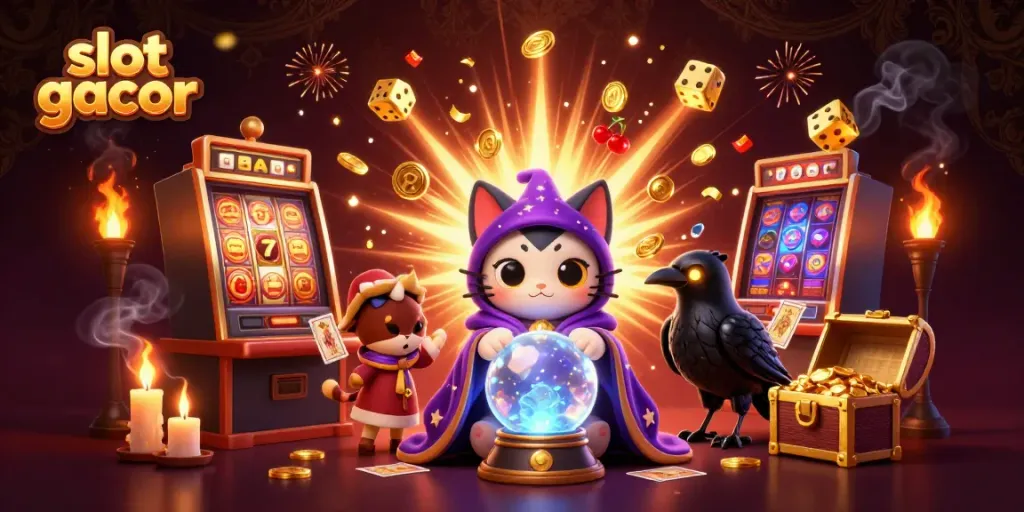 Engage with slot gacor winning strategies amid a vibrant casino scene filled with animations and jackpots.