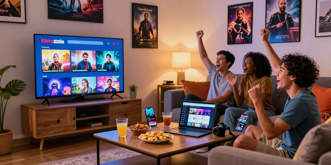 Friends enjoying a movie on the Filmyzilla app in a cozy living room atmosphere.