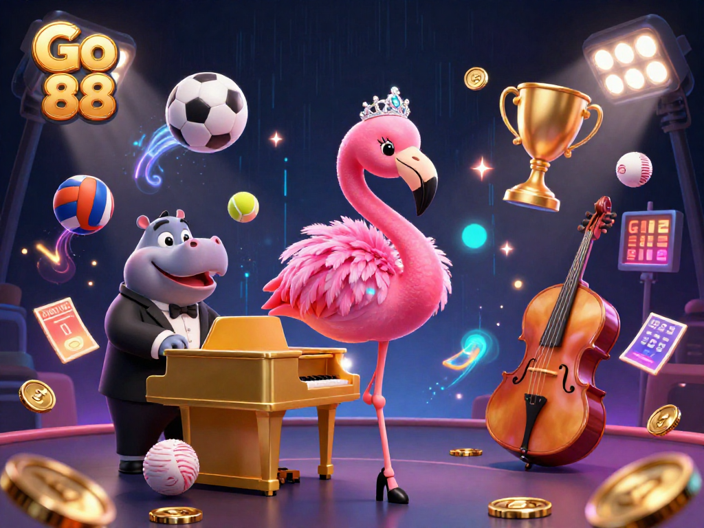 Experience exciting gaming moments at Go 88 with lively illustrations of casinos and dynamic game elements.