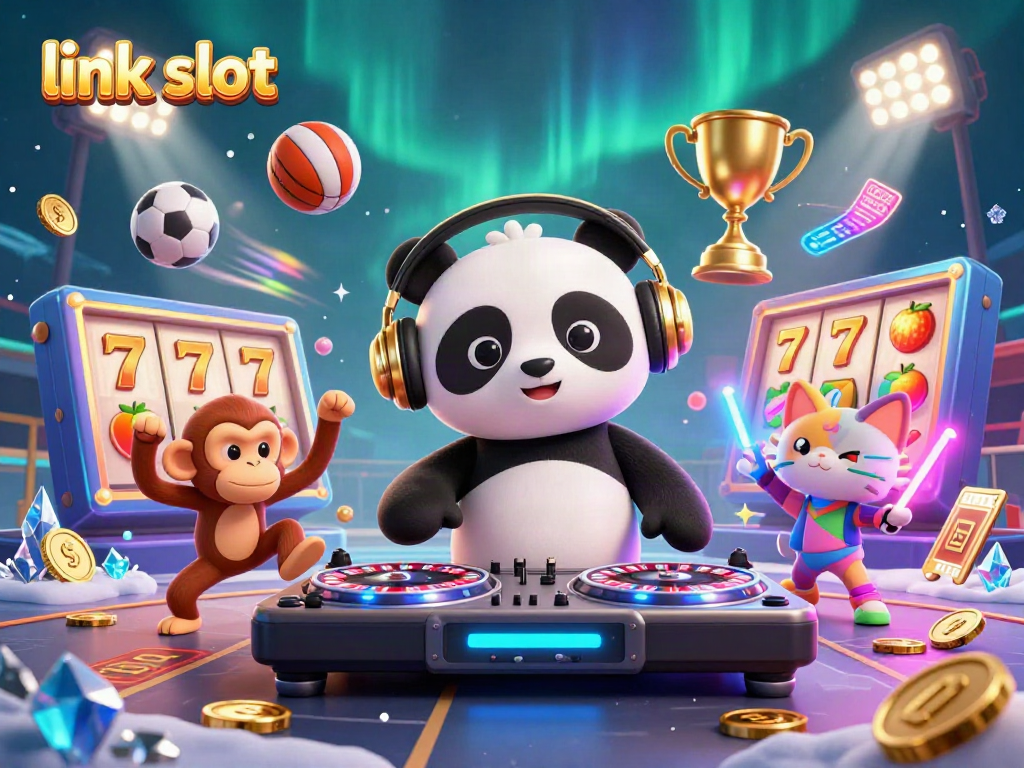Experience excitement with link slot in a lively 3D digital scene featuring a DJ panda and vibrant casino elements.