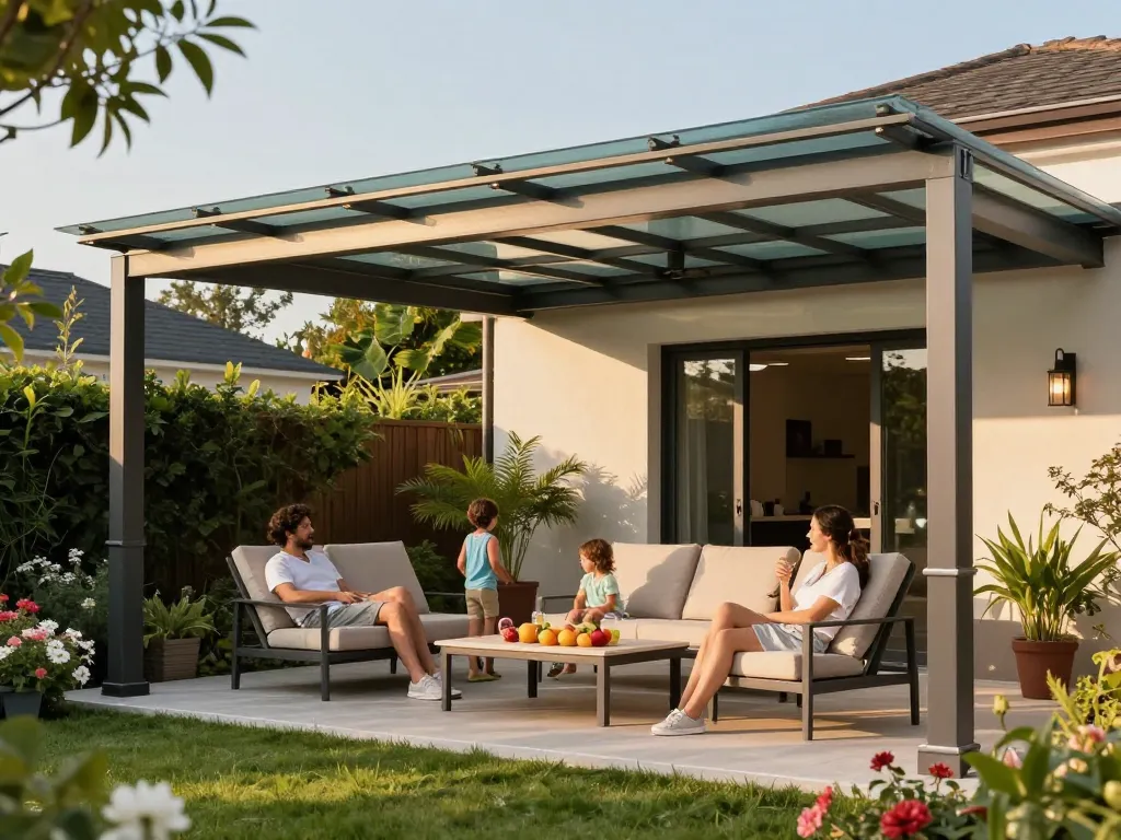 Familie genießt einen sonnigen Nachmittag unter einer stilvollen Terrassenüberdachung mit Gartenmöbeln und Grünpflanzen.