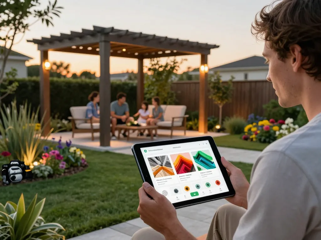 Hausbesitzer nutzen eine Pergola-Konfigurator-App, um ihren Außenbereich in einer lebhaften Gartenlandschaft zu gestalten.