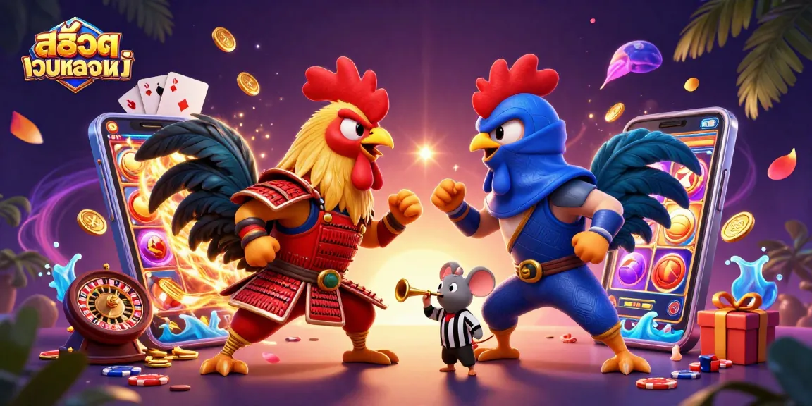 Engage with สล็อตเว็บตรงแท้ as roosters battle amidst dynamic casino elements like slot games and poker chips.