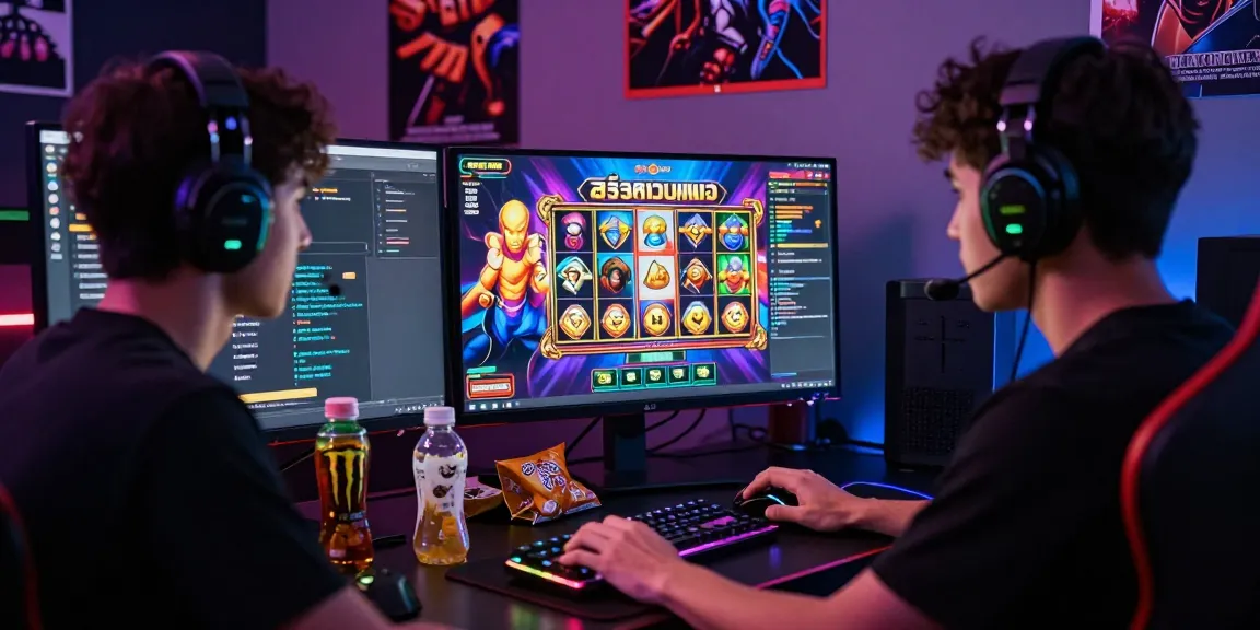 Engaged gamer playing สล็อตเว็บตรง online slot game with dynamic LED lights and colorful gaming setup.