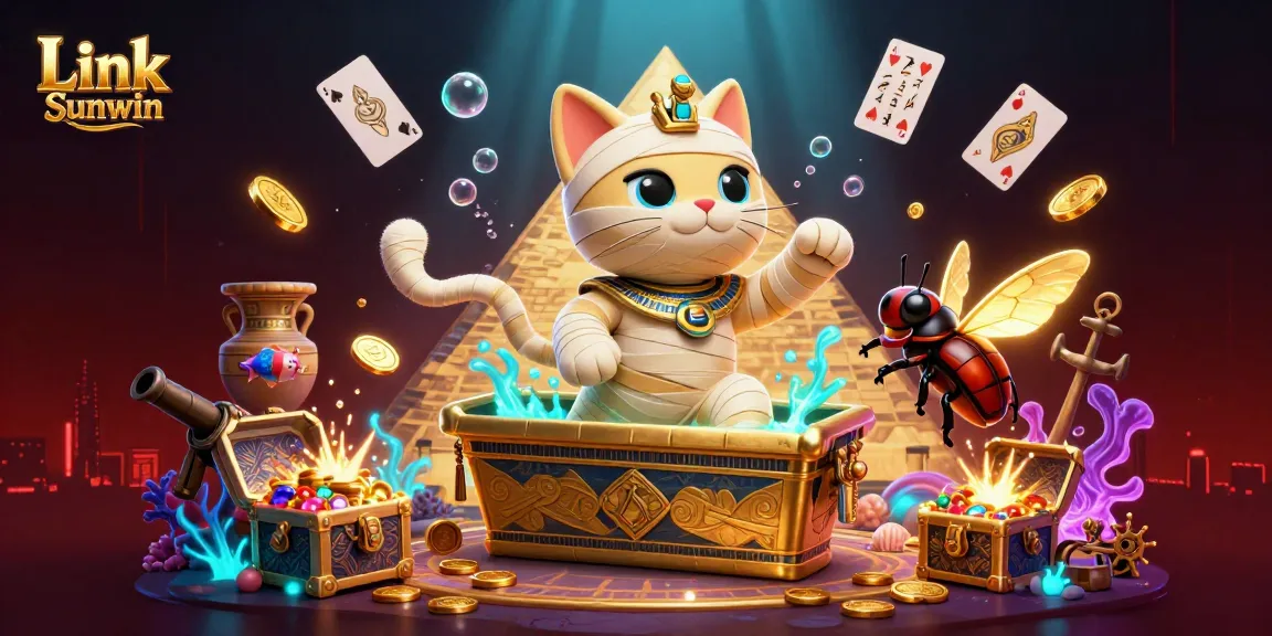 Experience the vibrant Link Sunwin scene, as a mummy cat emerges in a lively casino, surrounded by glowing treasures.