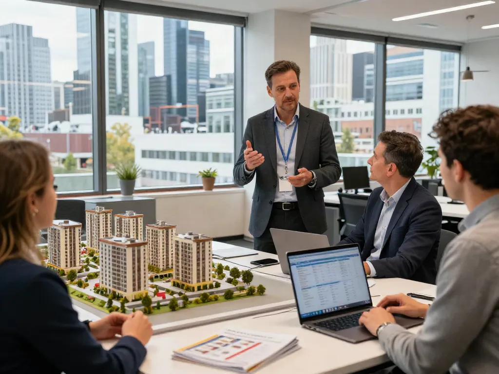 Bester Immobilienmakler Frankfurt berät Kunden in modernem Büro mit Architekturmodellen.