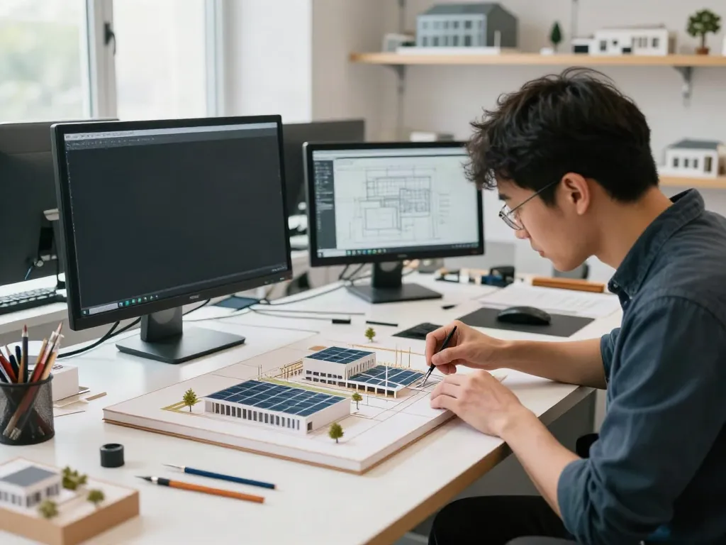 Energie Modelle: Architekt erstellt ein detailliertes Modell eines Umspannwerks im modernen Designstudio.