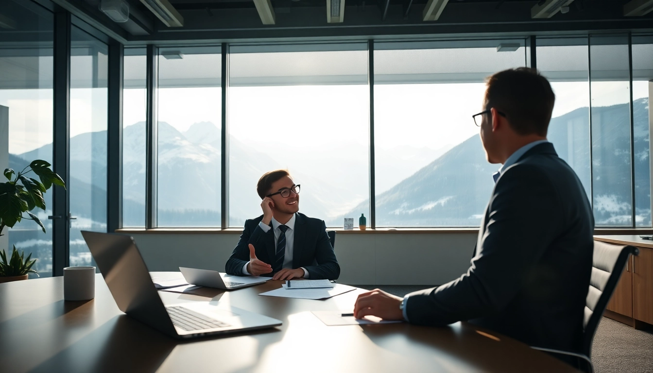 Headhunter Schweiz in a professional office setting, engaging with a client.