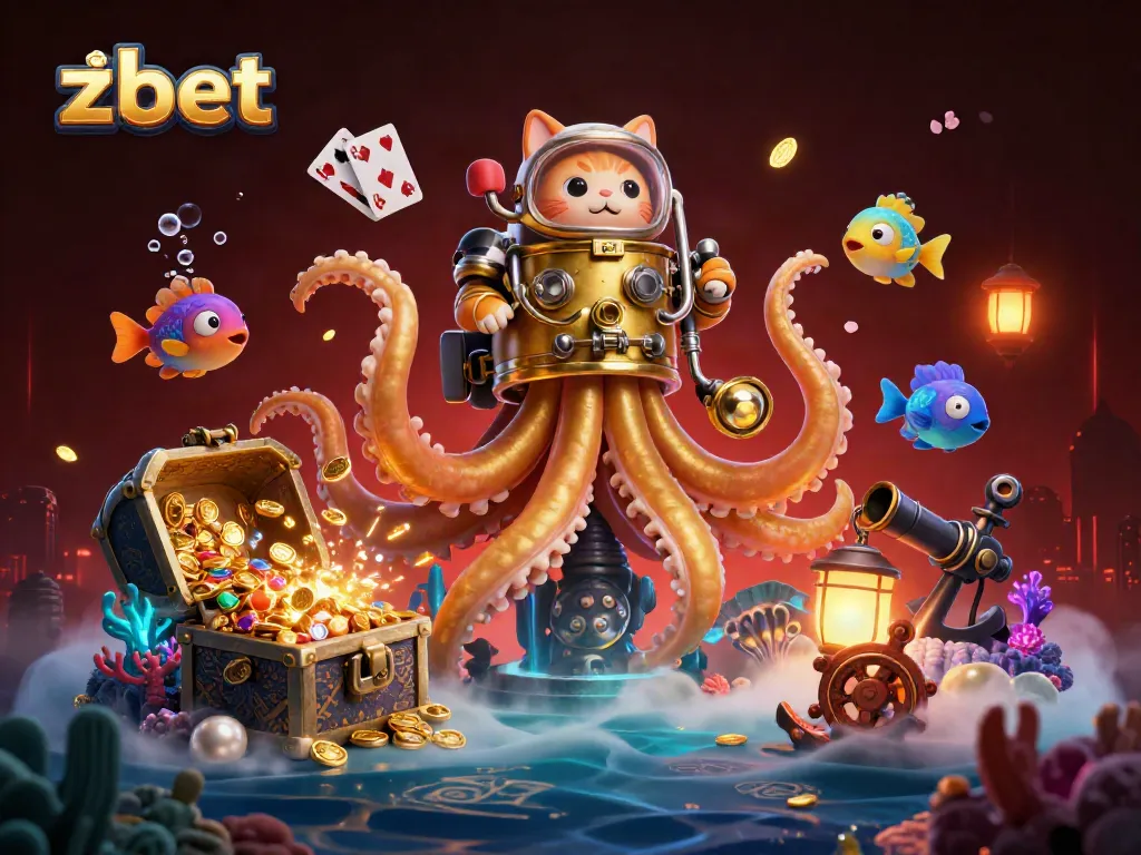 Engage with zbet's thrilling gaming experience featuring a colossal kraken and a diving cat surrounded by treasures.
