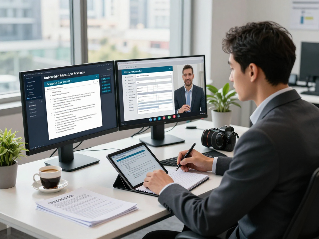 Startseite für Datenschutzlösungen: Professioneller Berater im Büro mit Monitoren und Notizen.