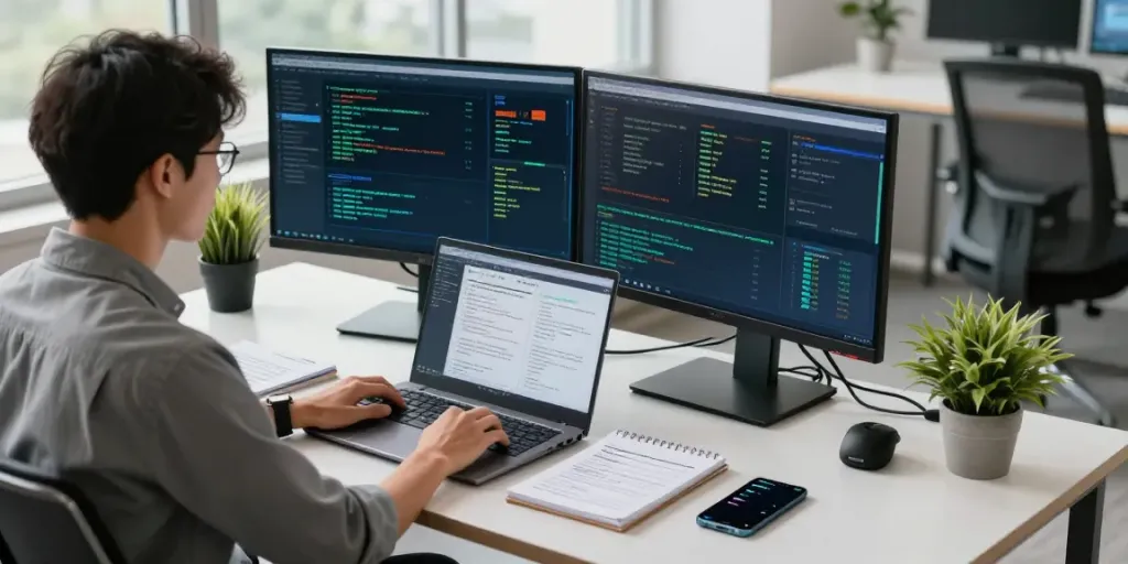 IT-Sicherheit Frankfurt: IT-Sicherheitsexperte bei der Arbeit an Monitoren mit Bedrohungserkennung und Sicherheitsdashboards