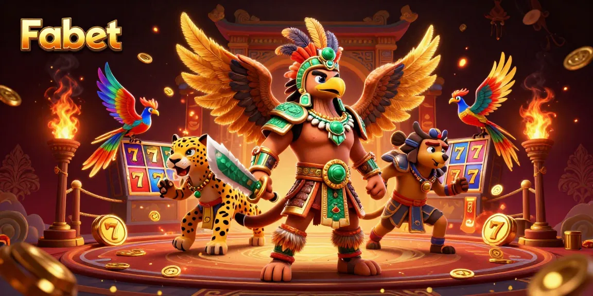 Engage with Fabet through an exciting 3D casino scene featuring Aztec warriors and dynamic gaming elements.