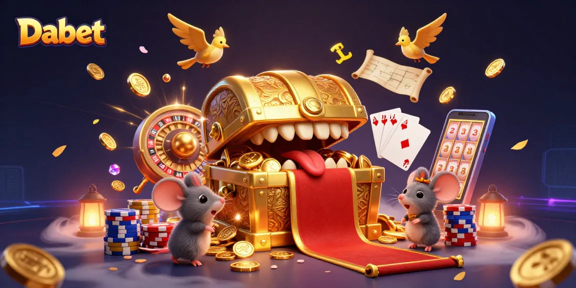 Dabet offers thrilling wins with a treasure chest mimic luring players in a vibrant casino setting.