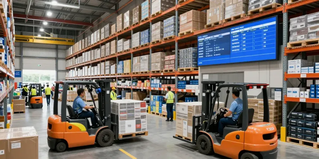 Effiziente Lagerlogistik in Düsseldorf mit aktiven Lagerarbeitern und modernen Technologien.