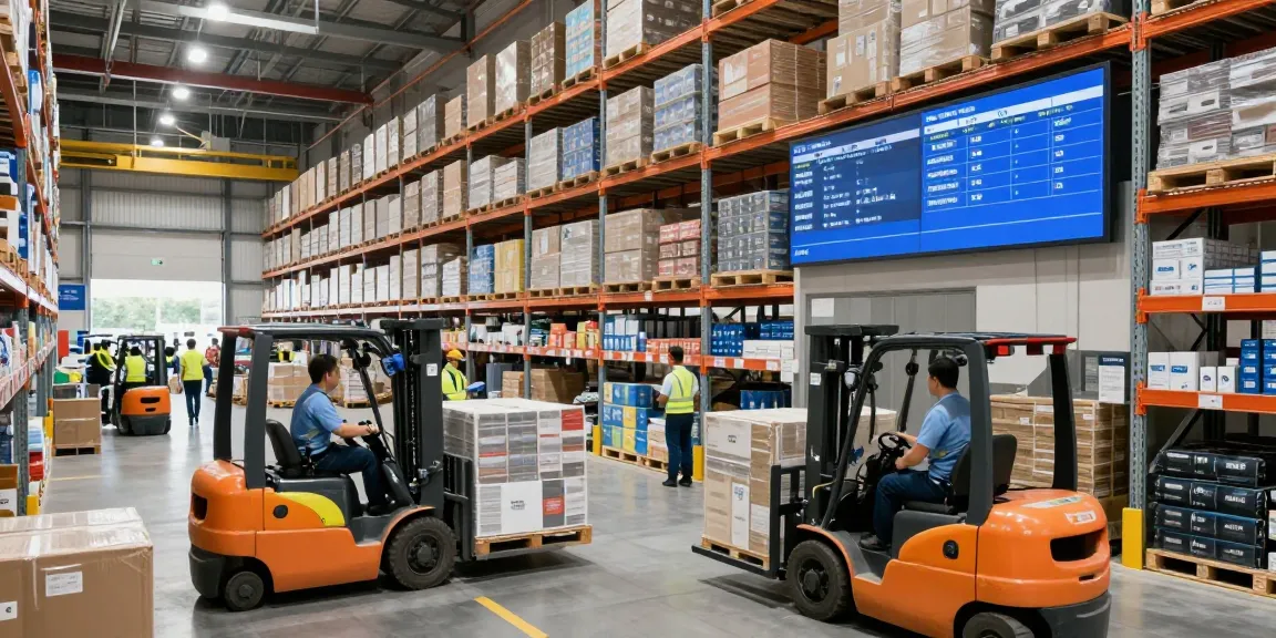 Effiziente Lagerlogistik in Düsseldorf mit aktiven Lagerarbeitern und modernen Technologien.