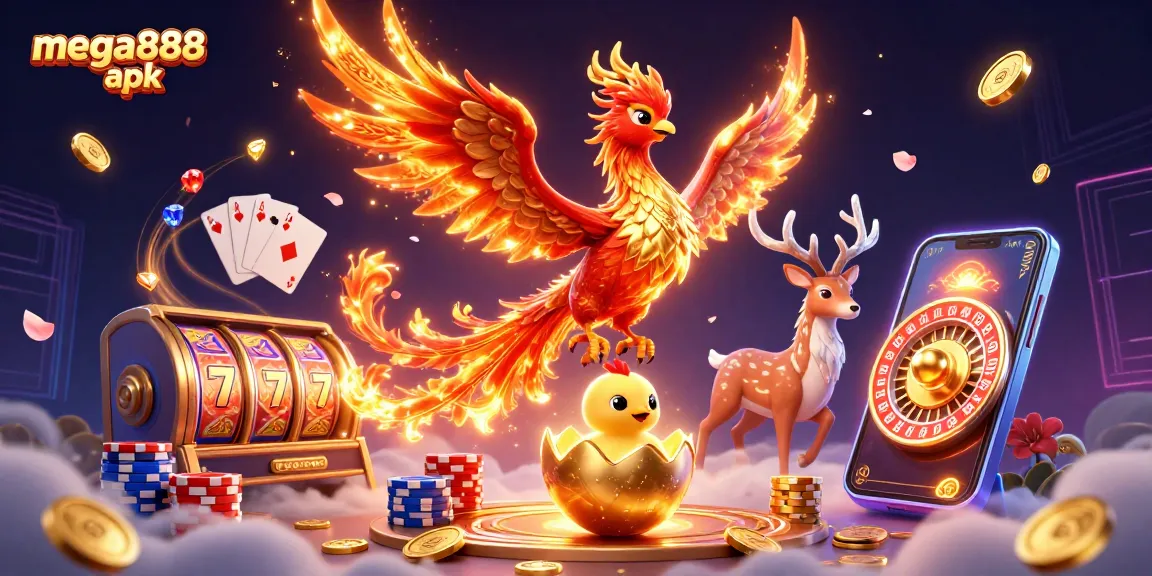 Play mega888 apk with vibrant 3D casino elements including a phoenix, slot reels, and coins.
