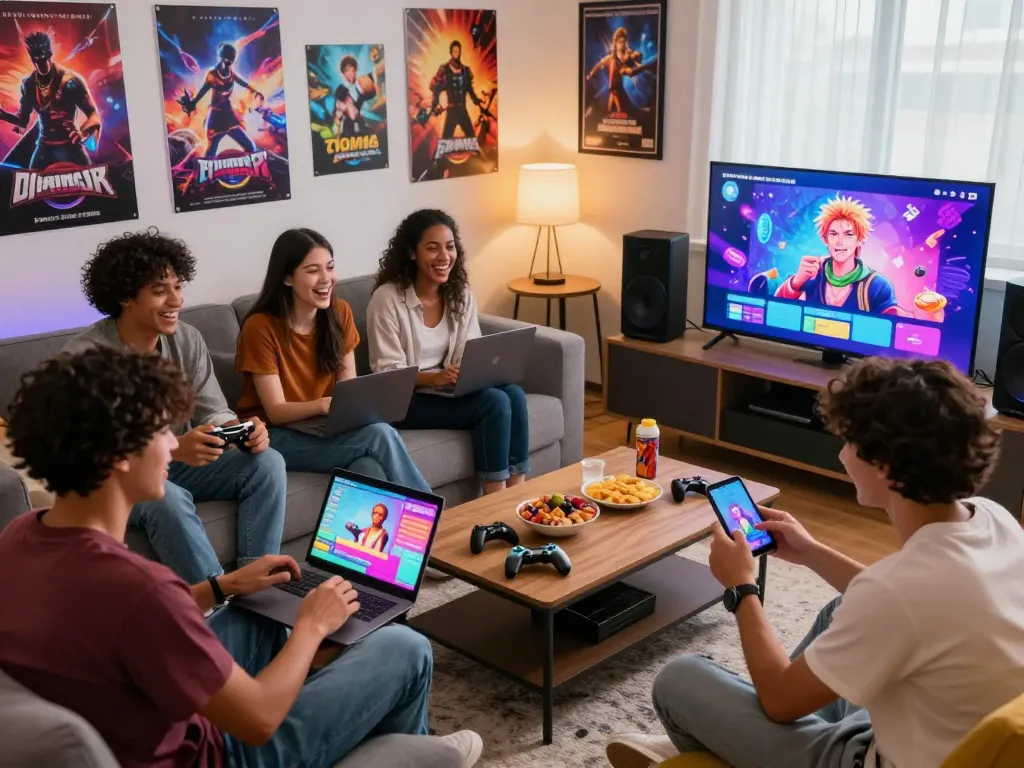 Diverse group enjoying sexgames in a cozy game room with devices and snacks, creating a fun atmosphere.