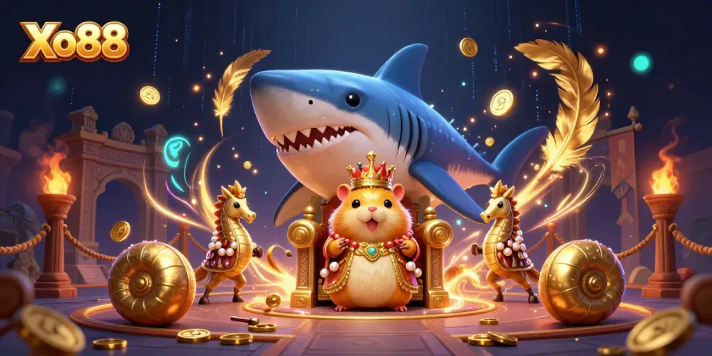 Engage in thrilling gameplay with Xo88, where a golden hamster king reigns over a vibrant casino universe.