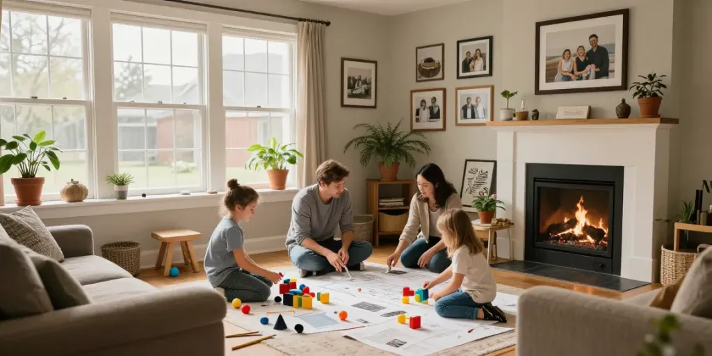 Familie, die im Eigenheim-Blog Wohnzimmer Zeit verbringt, mit warmem Licht und wohnlicher Atmosphäre