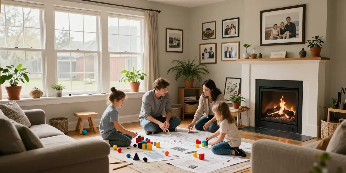 Familie, die im Eigenheim-Blog Wohnzimmer Zeit verbringt, mit warmem Licht und wohnlicher Atmosphäre