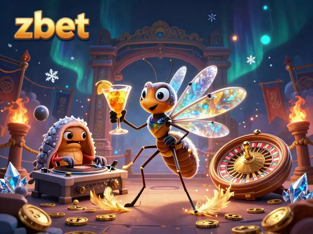 Zbet brings excitement with a frozen mosquito mascot and trilobite DJ in a dynamic casino scene.