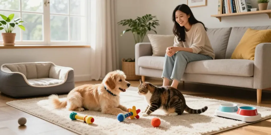 Zubehör für Haustiere: Hund und Katze spielen in einem liebevollen Wohnraum.