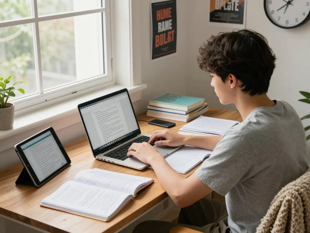 Student, der Hausaufgabenlöser auf einem Laptop in einem hellen Studienraum verwendet.