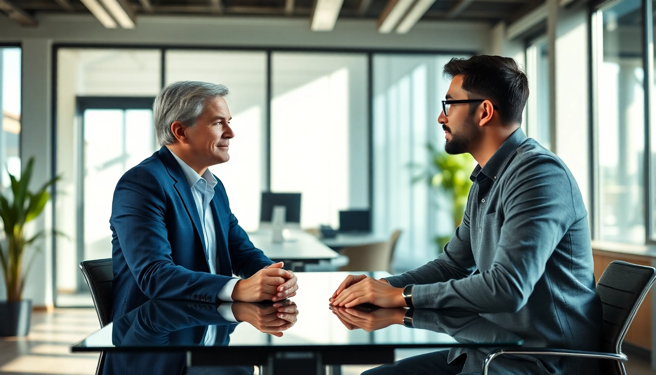 Headhunter Ingenieure in einem modernen Büro, das mit einem Ingenieur ins Gespräch vertieft ist.