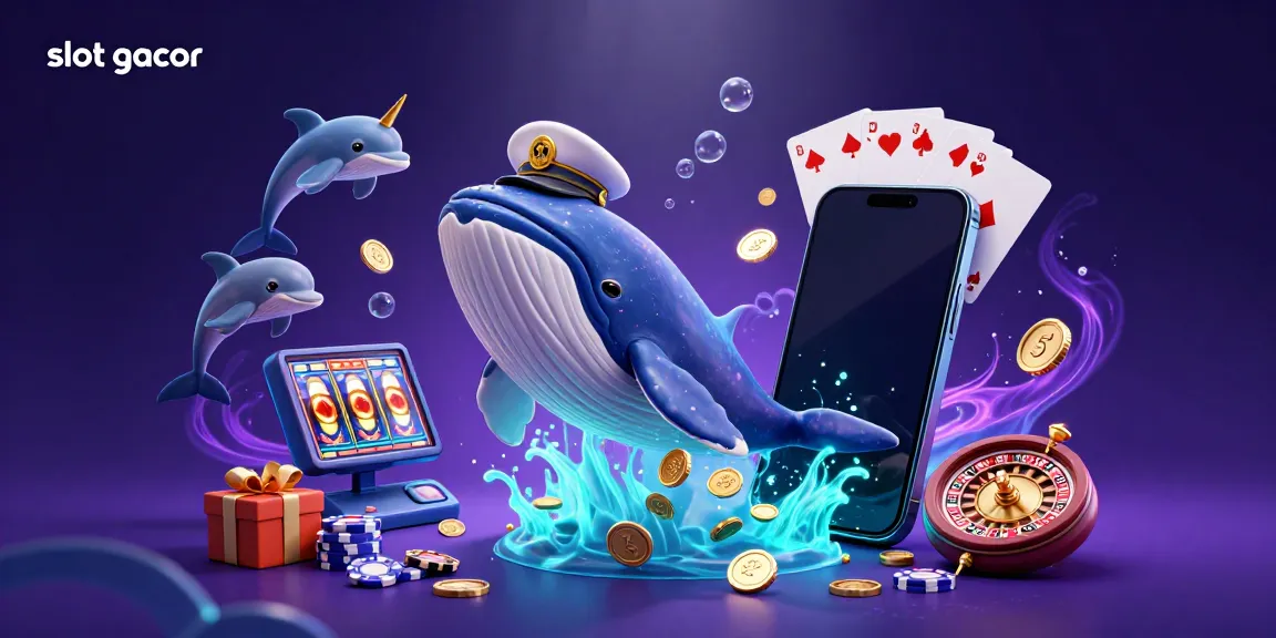 Experience the thrill of slot gacor with playful dolphins, a golden narwhal, and a giant whale in an engaging 3D scene.