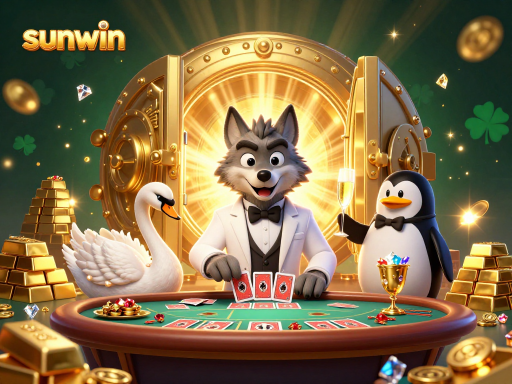 Experience the excitement at sunwin with vibrant characters in a lavish 3D casino setting.