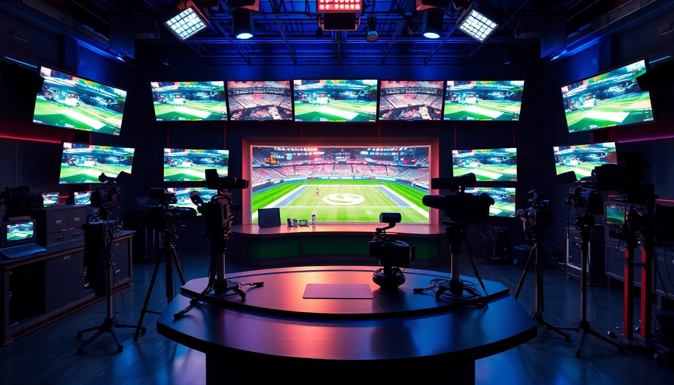 Sports Broadcasting studio with high-tech equipment and vibrant lighting.